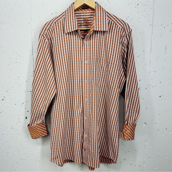 Bugatchi Men’s  Large Orange Gray White Check Flip Cuff Button Down Dres… - Picture 1 of 14